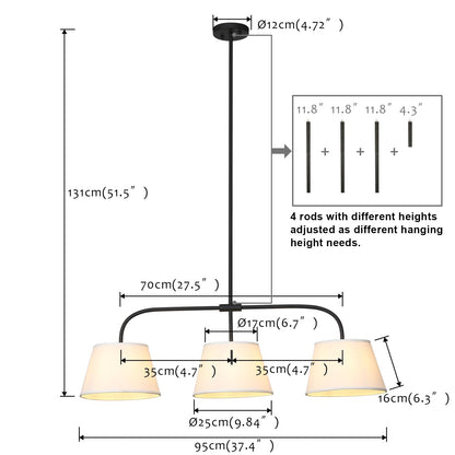 3 Lights Pendant Lights with Fabric Lampshades, Rustic Cloth Ceiling Lighting