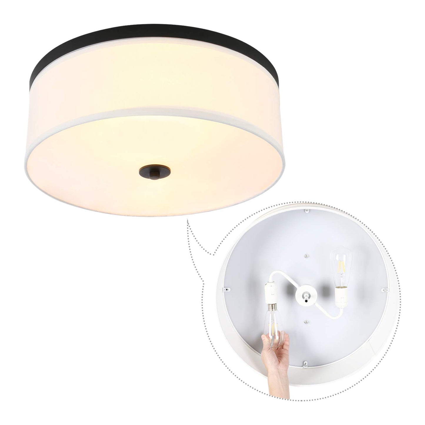 Big Size 19.7" White Textile Fabric Drum Shade Ceiling Light Fixture