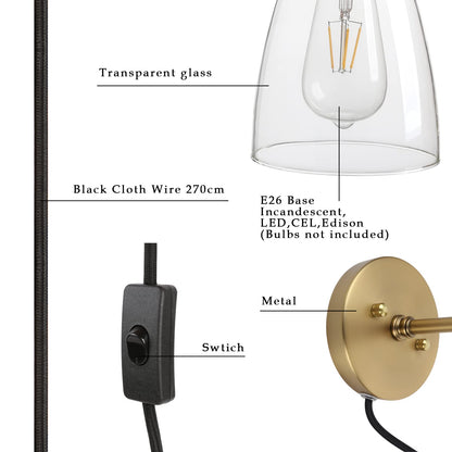 Bathroom Vanity Light Matte Black Plug in Wall Sconce with 5.5 Inch Clear Glass