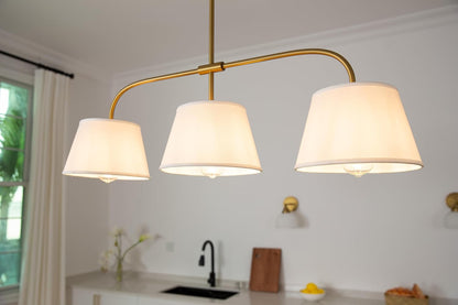 3 Lights Brass Pendant Light with Fabric Lampshades, Rustic Cloth Pendant Lighting Lamp