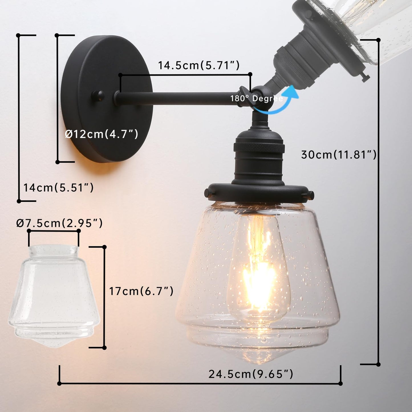 1-Light Vintage Wall Sconce Lamp with Seeded Glass Shade, Industrial Indoor Wall Light Fixture