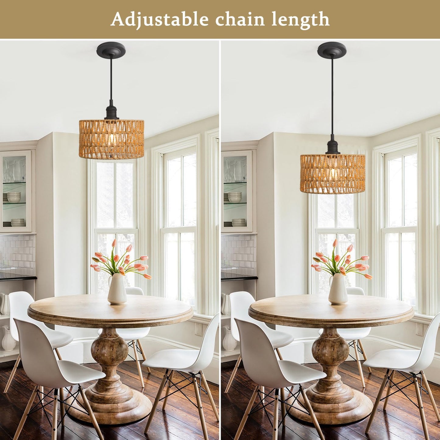 Modern Handwoven Rattan Pendant Light, Adjustable Hanging Light