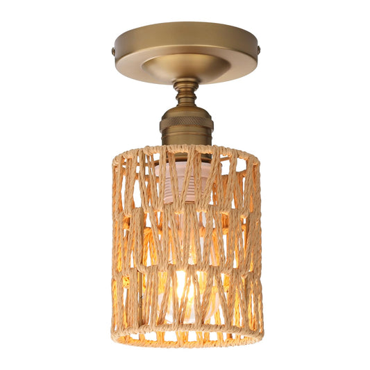 Modern Rattan Flush Mounted Ceiling Light Handmade Woven Rattan Shade