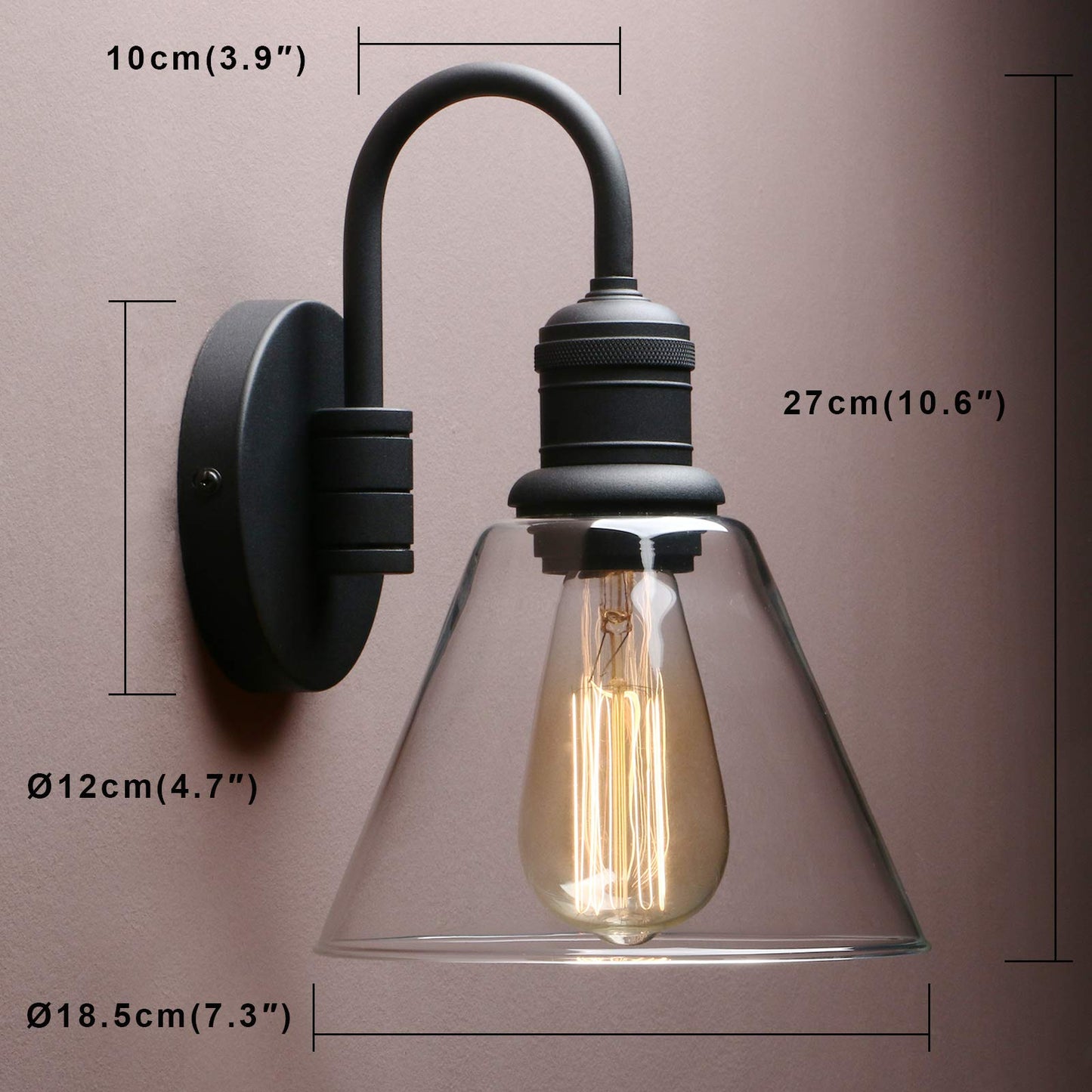 1-Light Vintage Industrial Fixture Light, Funnel Flared Clear Glass Shade with Elegant Gooseneck Curved Rod Wall Sconce (Black)