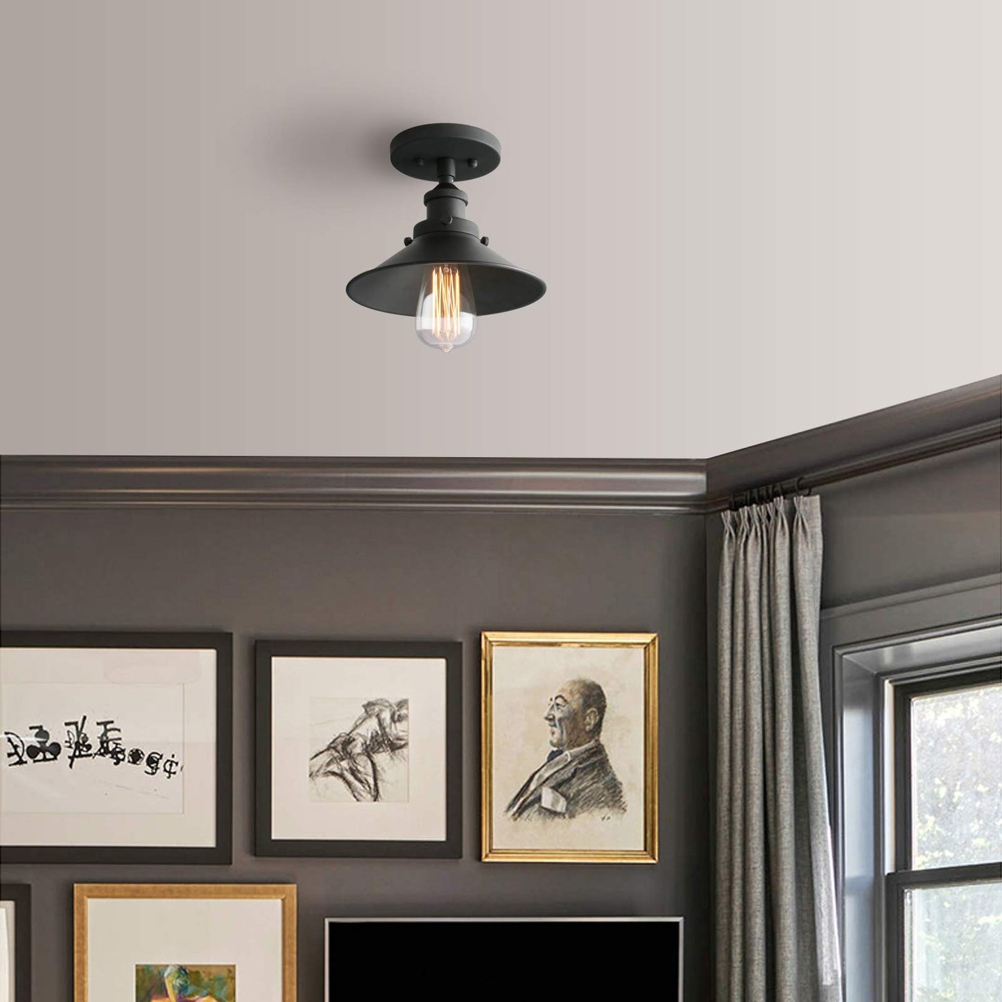 Vintage Ceiling Light, Farmhouse Ceiling Lamp, Matte Black Semi-Flush Mounted Lighting