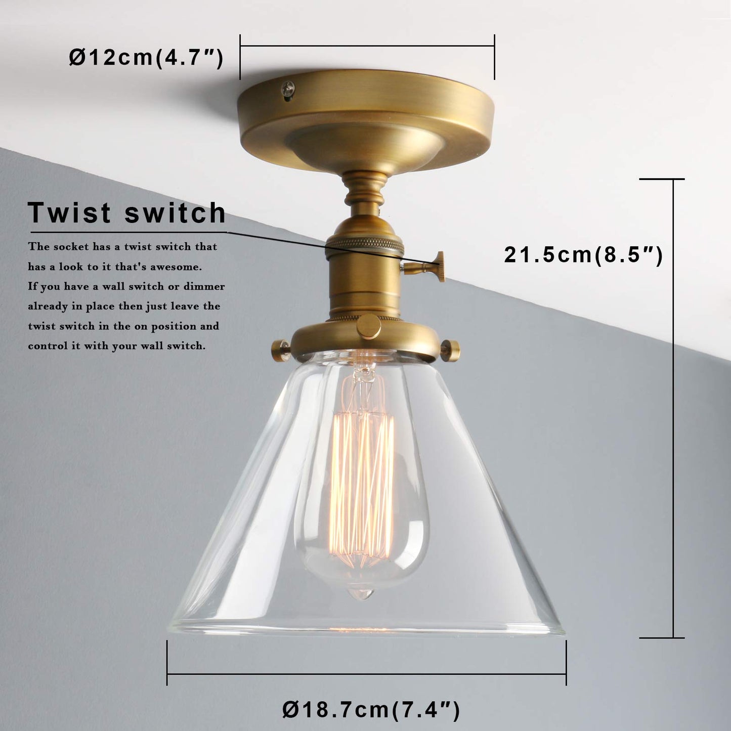 Industrial Ceiling Light Fixtures with Switch, Funnel Clear Glass Hallway Lighting