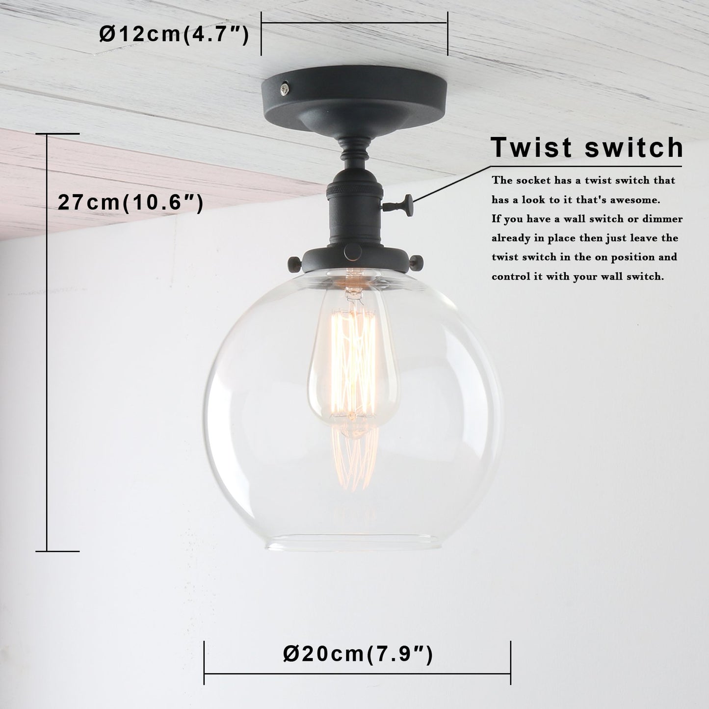 7.9" Globe Clear Glass Vintage Ceiling Light 1-Lights Pendant Lighting