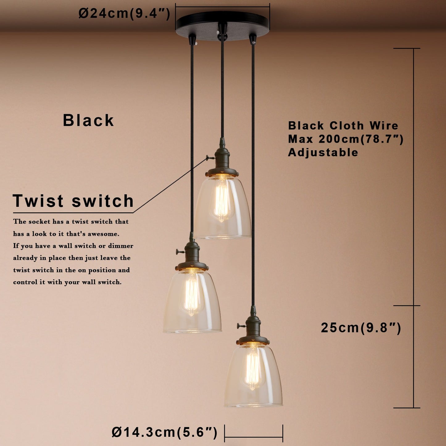 Industrial Modern Vintage Edison Triple Pendant Lights, Retro Lamp Flush