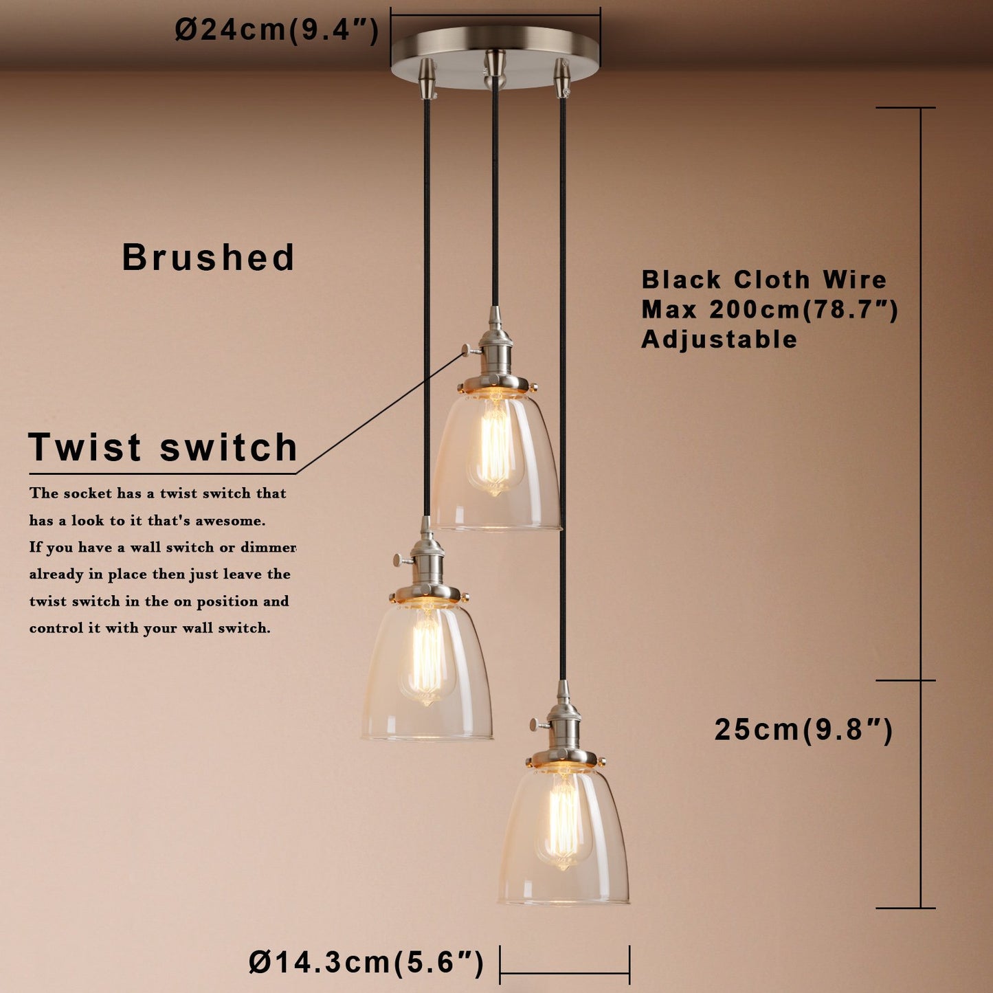 Industrial Modern Vintage Edison Triple Pendant Lights, Retro Lamp Flush