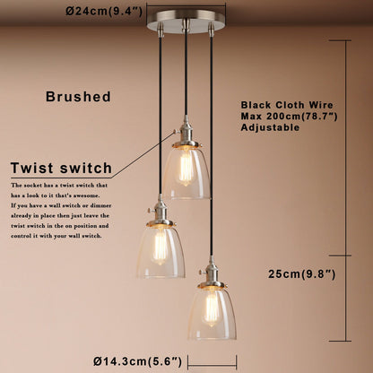 Industrial Modern Vintage Edison Triple Pendant Lights, Retro Lamp Flush