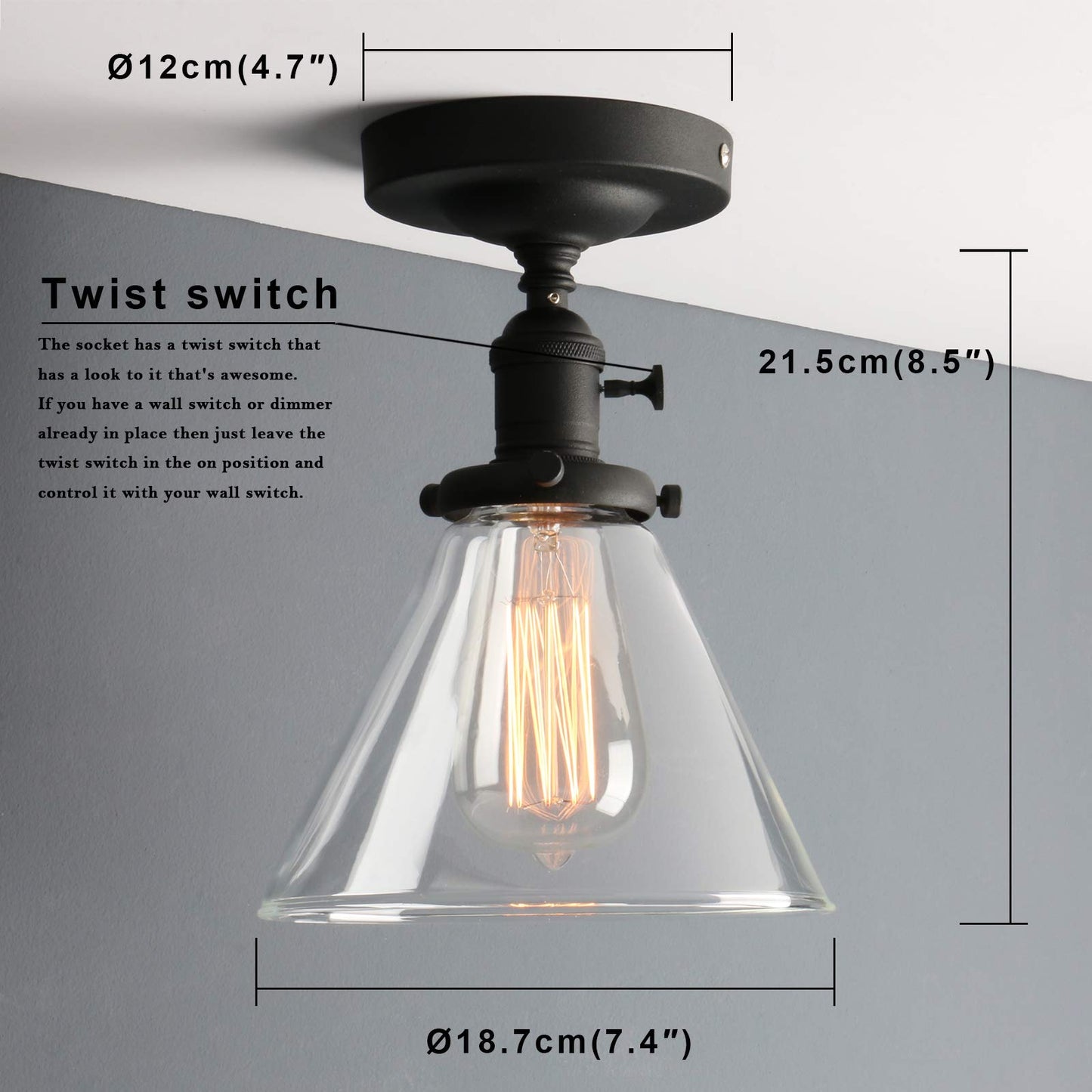 Industrial Ceiling Light Fixtures with Switch, Funnel Clear Glass Hallway Lighting