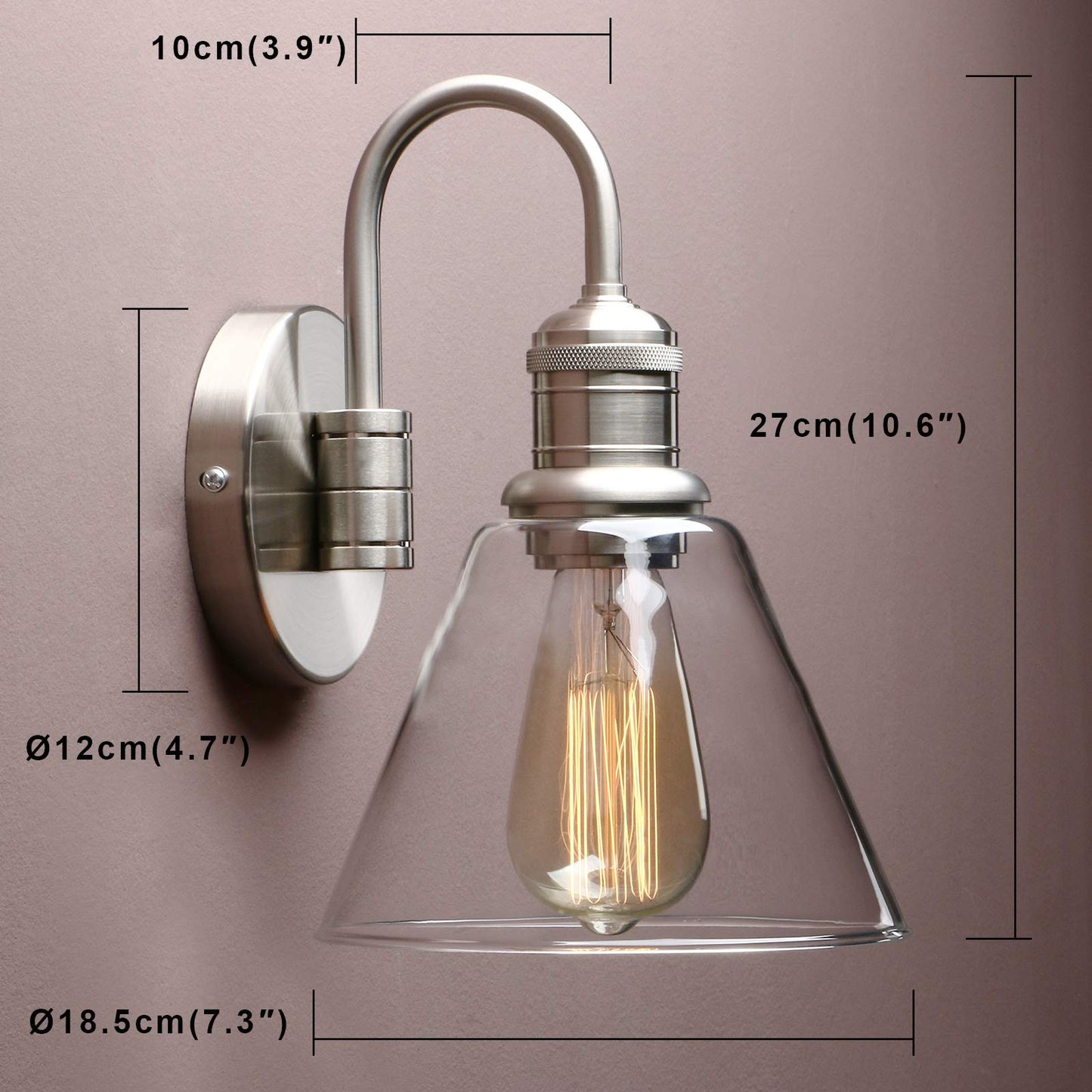 1-Light Vintage Industrial Fixture Light, Funnel Flared Clear Glass Shade with Elegant Gooseneck Curved Rod Wall Sconce (Black)