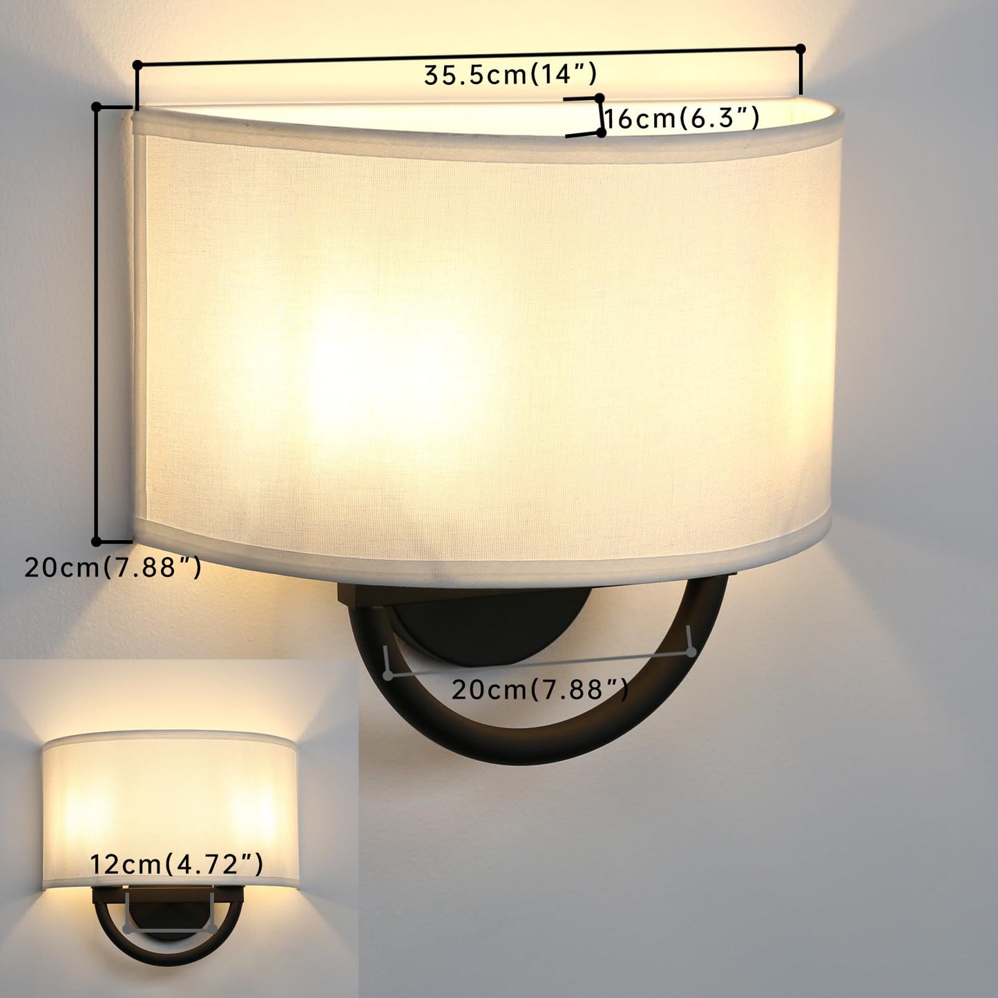 Industrial 2-Lights Wall Sconce Fixture with White Fabric Shade, Double Arm