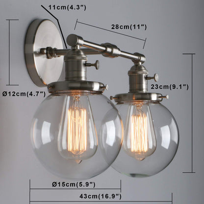 Vintage Industrial 2-Light Wall Light with 5.9 Inches Clear Glass Canopy