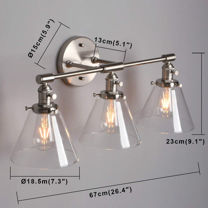 3 Light Sconce Wall Mount Bathroom Light Fixture with 7.3 Inches Cone Clear Glass Canopy