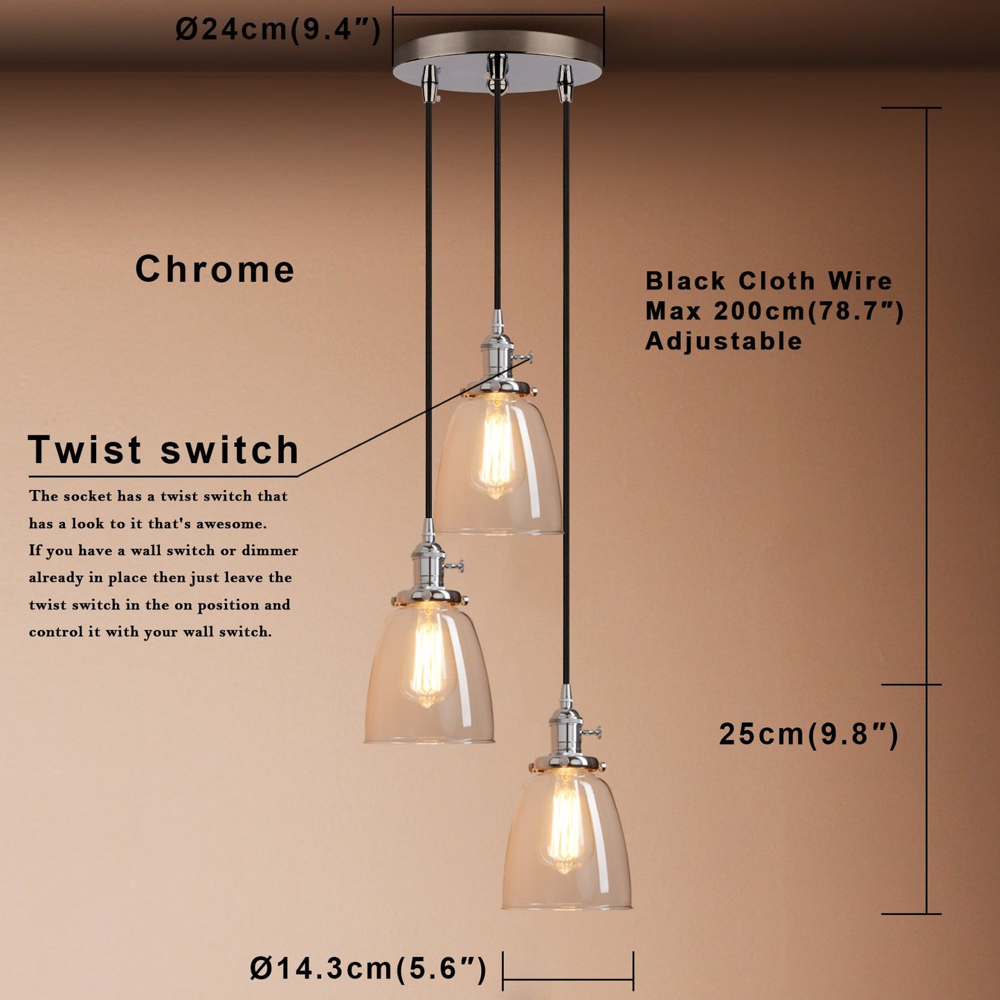 Industrial Modern Vintage Edison Triple Pendant Lights, Retro Lamp Flush