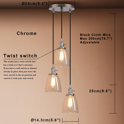 Industrial Modern Vintage Edison Triple Pendant Lights, Retro Lamp Flush