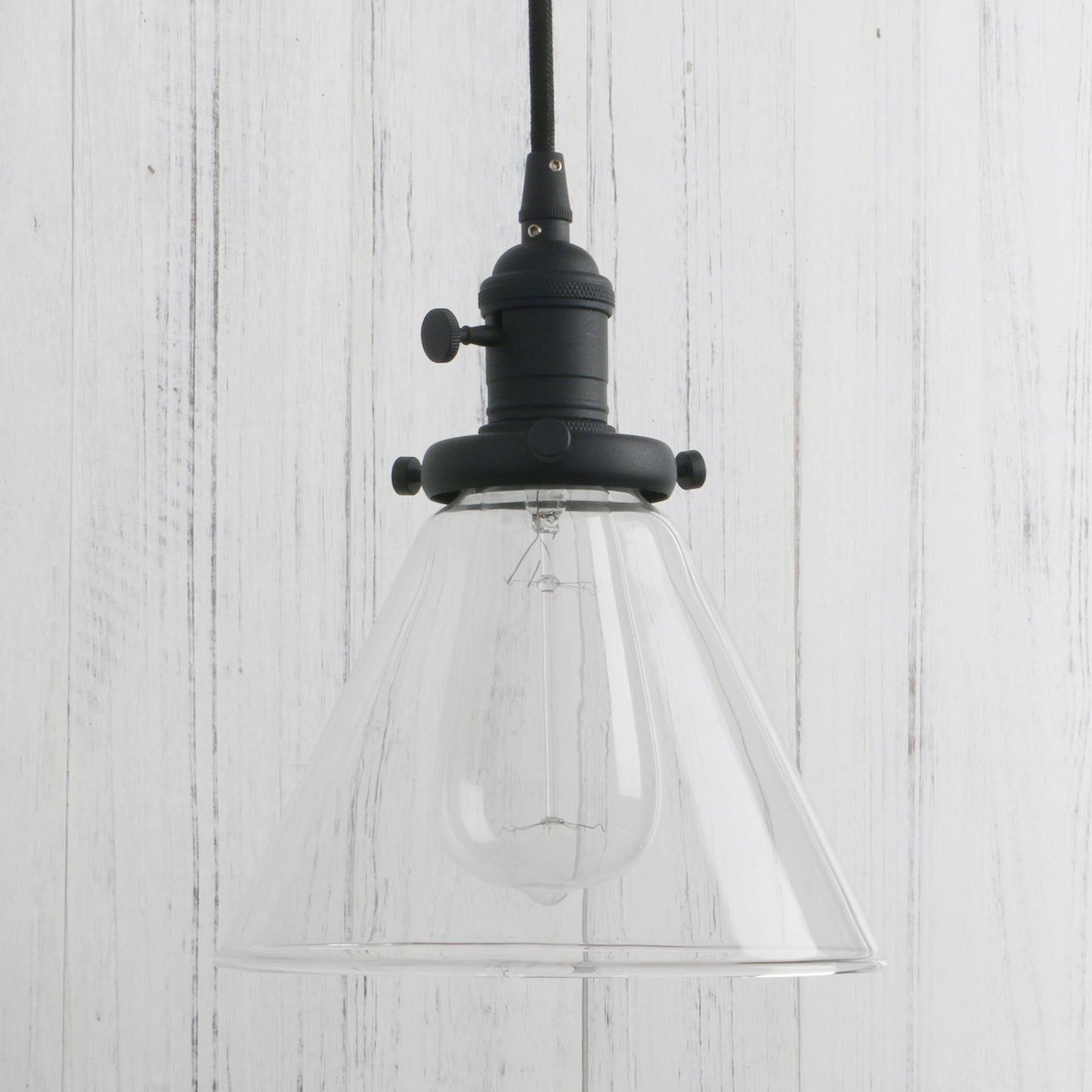 Funnel Flared Glass Clear Glass Shade 1-Light Ceiling Fixture,Anqitue Pendant Light (Black)