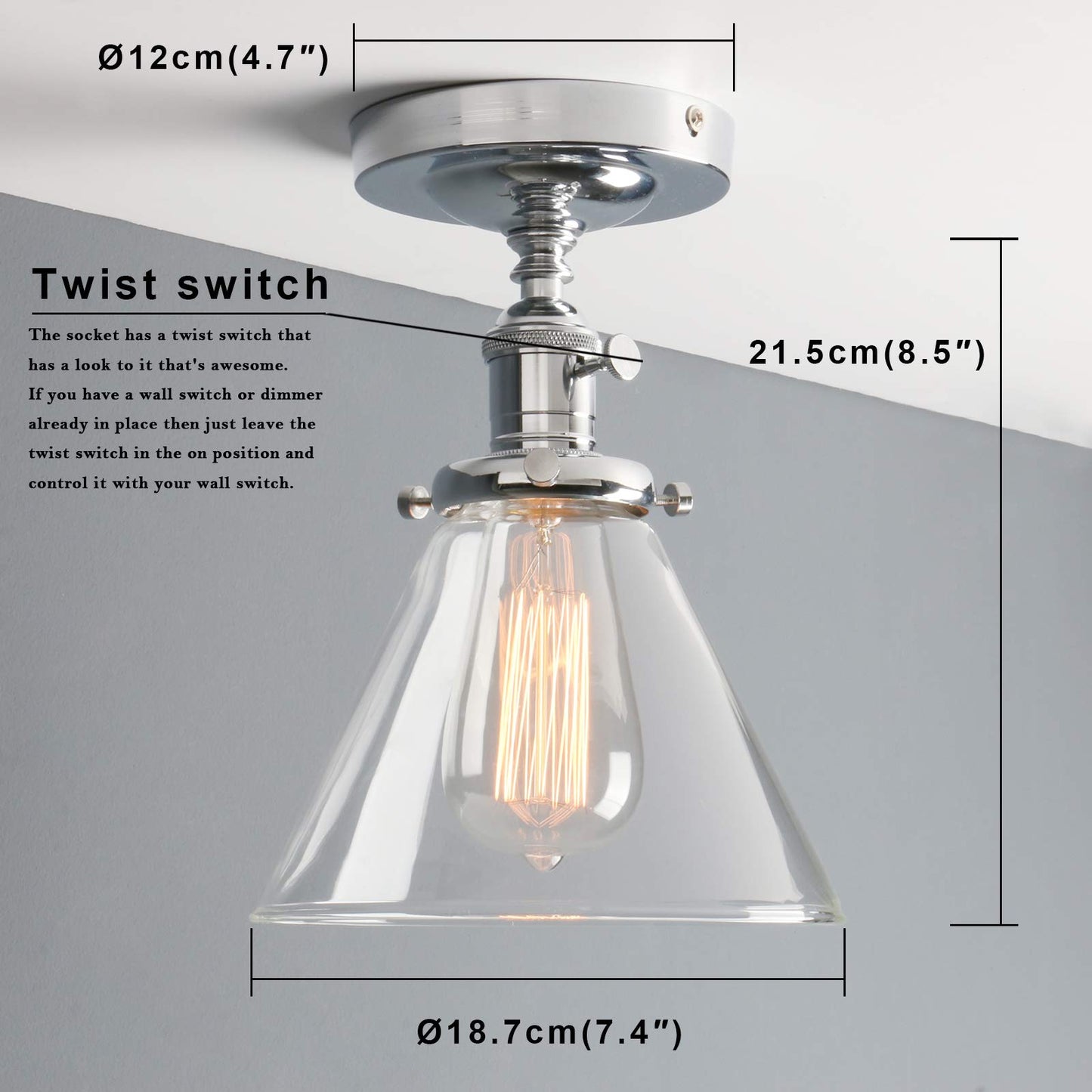 Industrial Ceiling Light Fixtures with Switch, Funnel Clear Glass Hallway Lighting