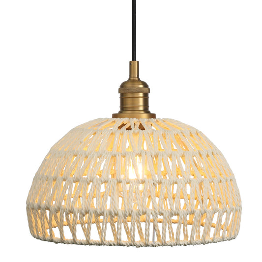 Woven Rattan Pendant Light Fixture Adjustable Textile Cord, Modern Bohemian Hanging Lamp