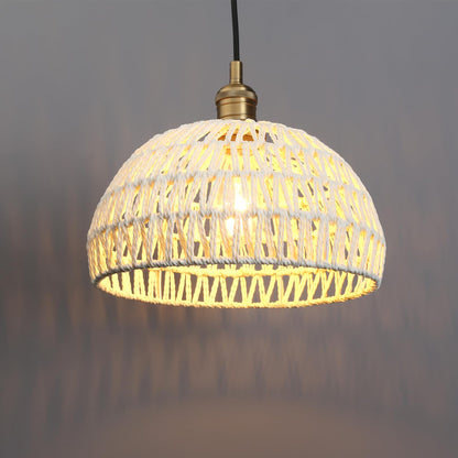 Woven Rattan Pendant Light Fixture Adjustable Textile Cord, Modern Bohemian Hanging Lamp