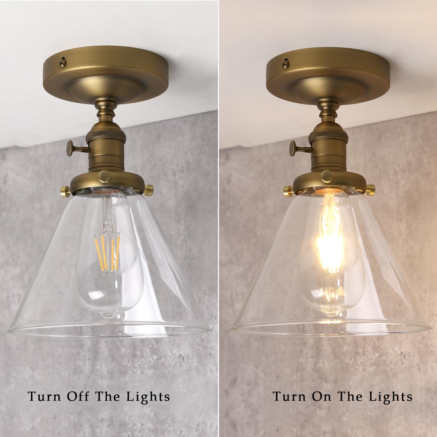 Industrial Ceiling Light Fixtures with Switch, Funnel Clear Glass Hallway Lighting