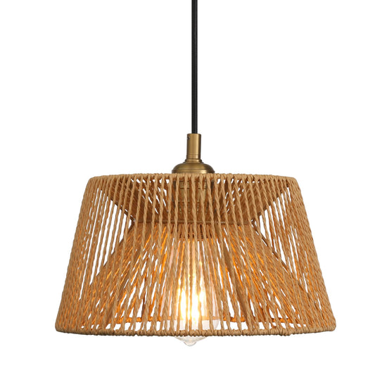 Boho Rattan Pendant Light, Modern Handmade Woven Farmhouse Chandelier, Adjustable Textile Cord Woven Hanging Lamp