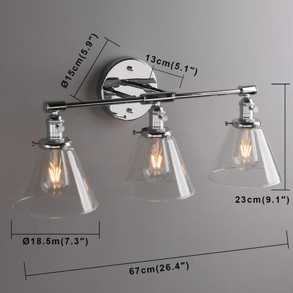 3 Light Sconce Wall Mount Bathroom Light Fixture with 7.3 Inches Cone Clear Glass Canopy