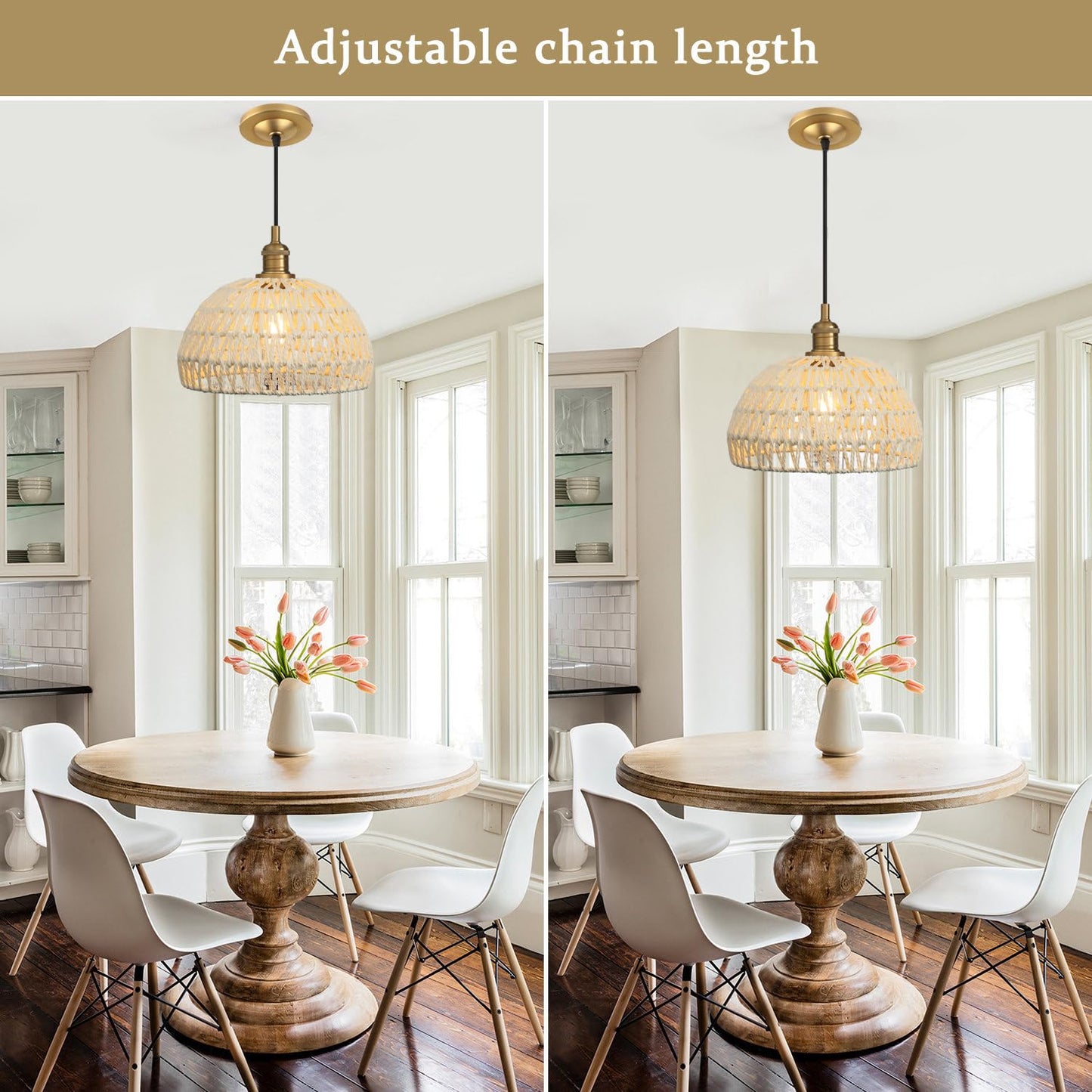 Woven Rattan Pendant Light Fixture Adjustable Textile Cord, Modern Bohemian Hanging Lamp