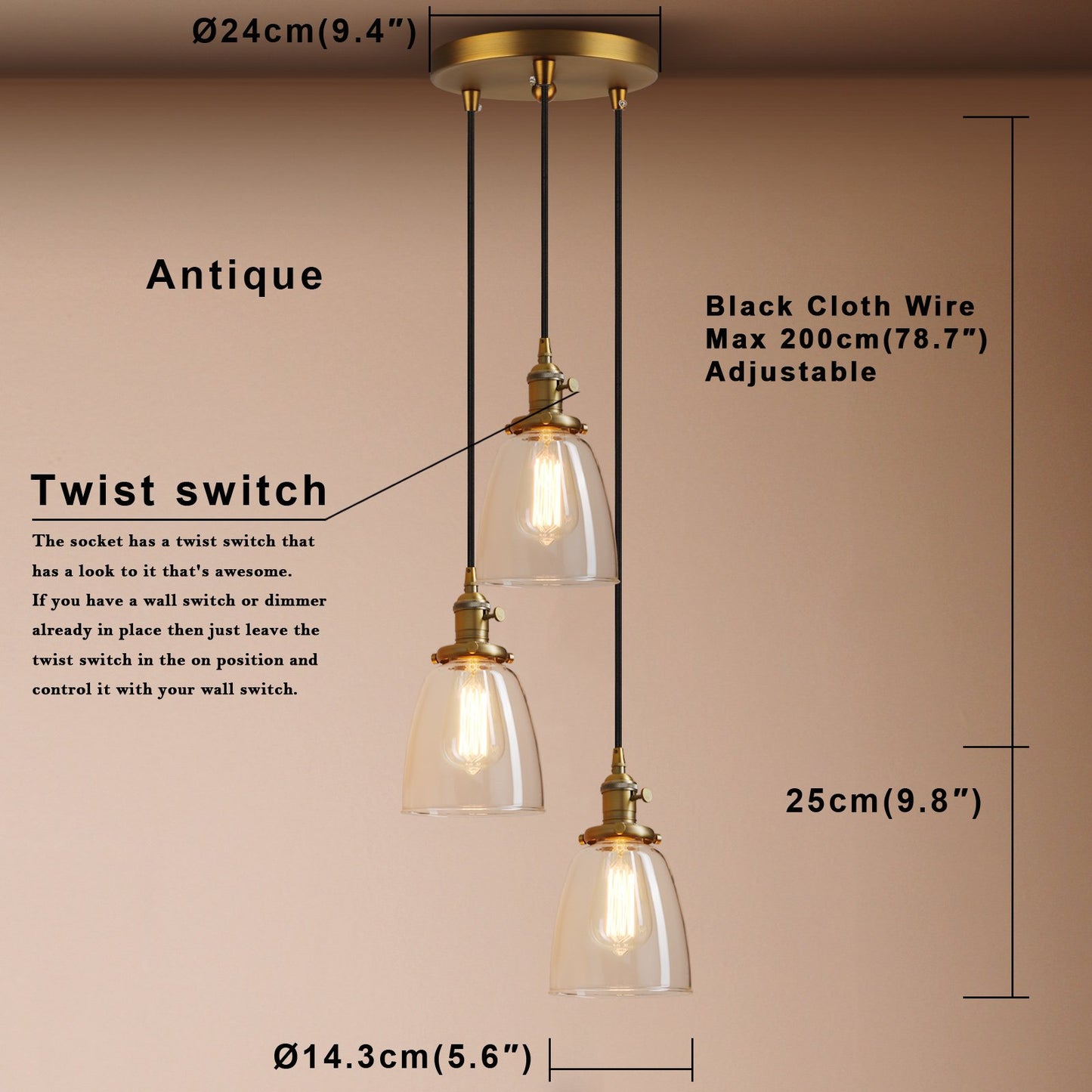 Industrial Modern Vintage Edison Triple Pendant Lights, Retro Lamp Flush