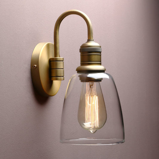 Modern Vintage Industrial Bell Sconce Wall Light Fitting with 5.6” Clear Glass Lampshade (Brass)