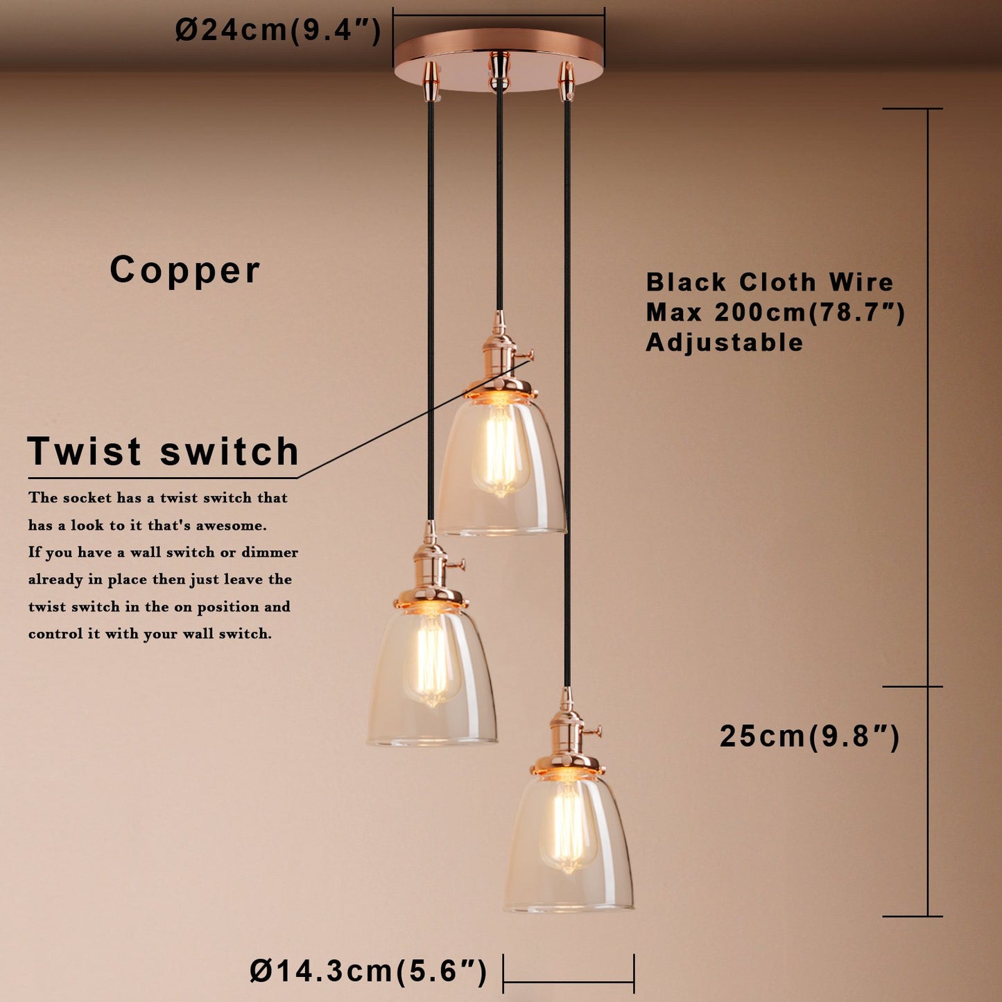 Industrial Modern Vintage Edison Triple Pendant Lights, Retro Lamp Flush