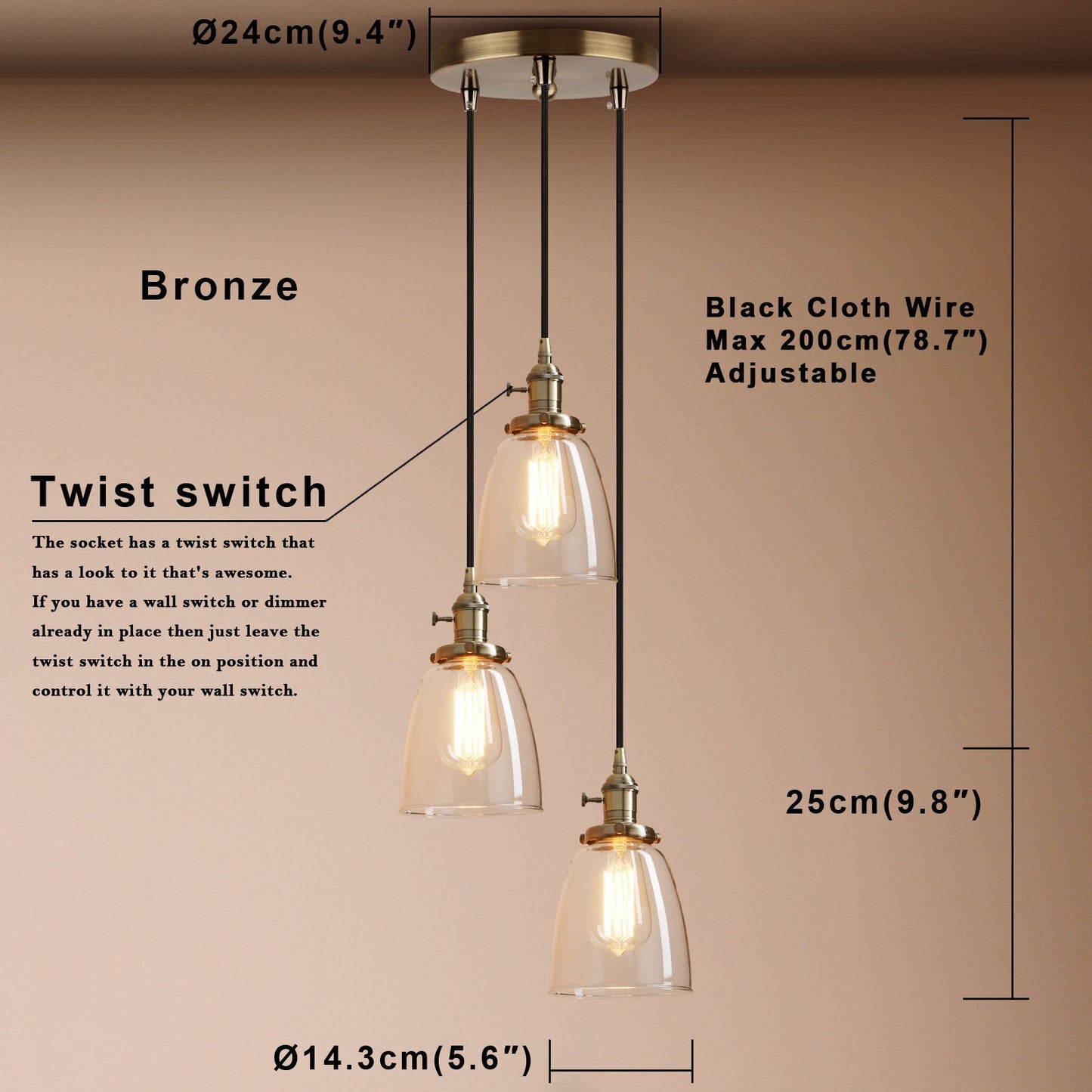 Industrial Modern Vintage Edison Triple Pendant Lights, Retro Lamp Flush