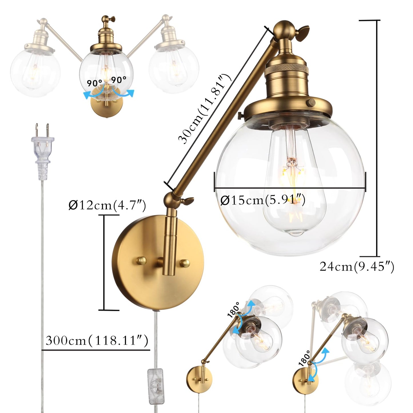 5.9" Glass Globe Shade Industrial Wall Sconce Swing Arm Wall Lamp(Antique)