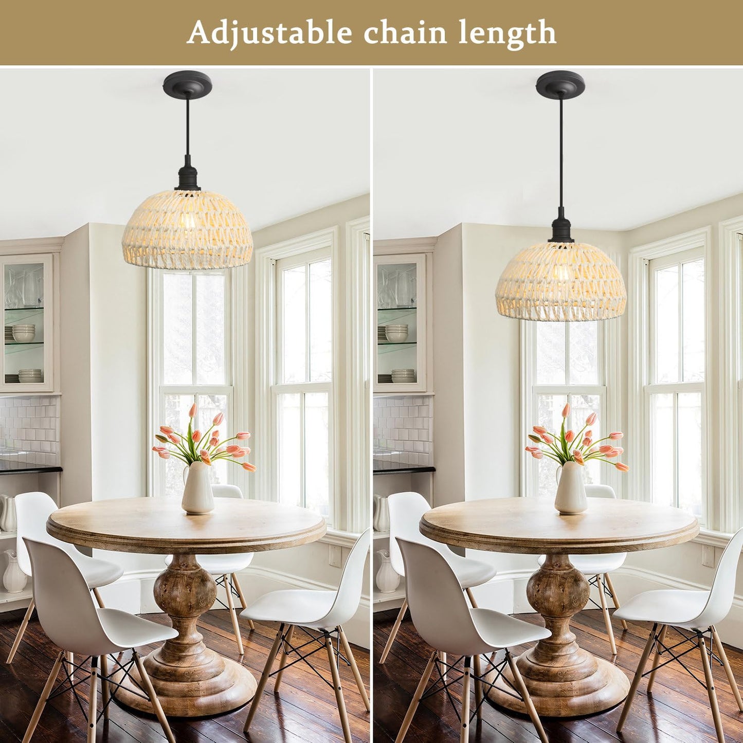 Woven Rattan Pendant Light Fixture Adjustable Textile Cord, Modern Bohemian Hanging Lamp