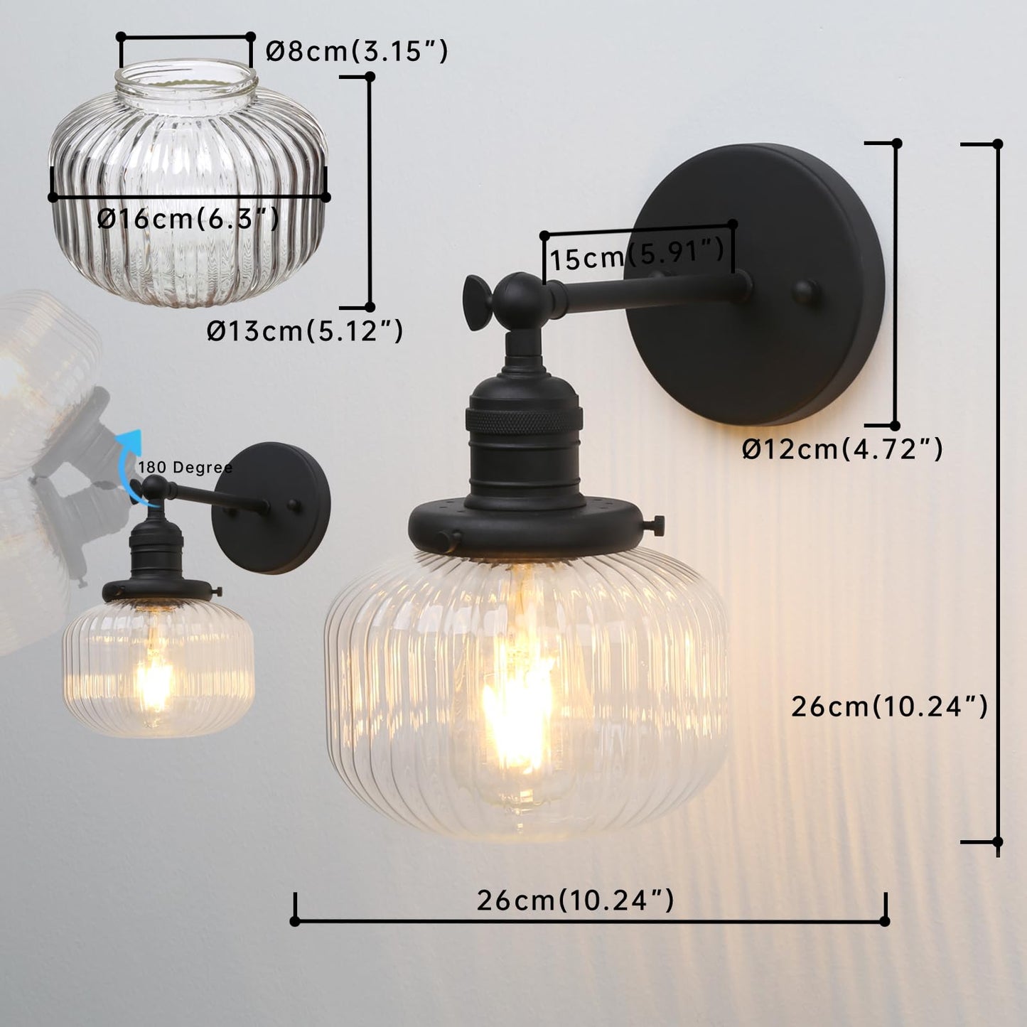 1-Light Industrial Vintage Wall Sconce with Clear Striped Glass Globe Shade