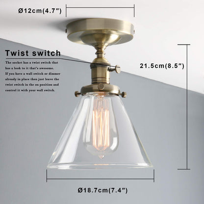 Industrial Ceiling Light Fixtures with Switch, Funnel Clear Glass Hallway Lighting