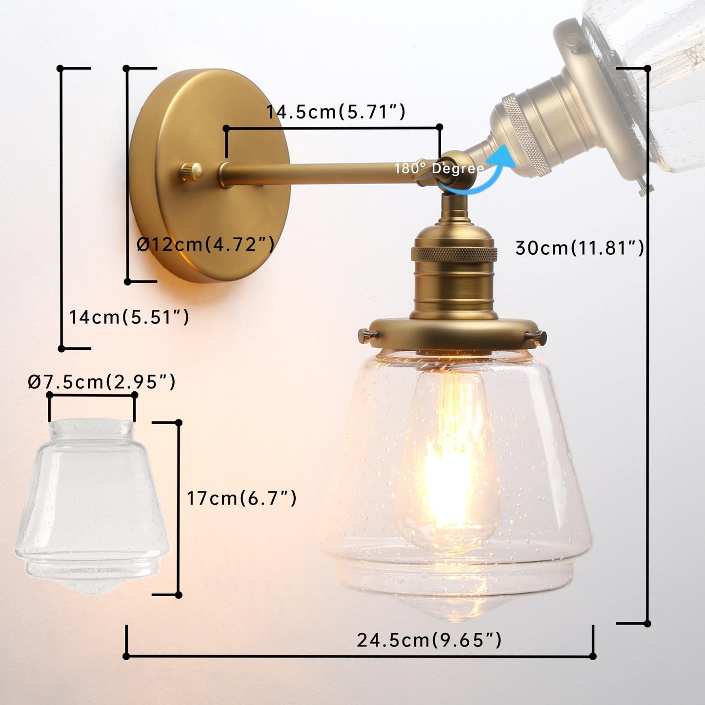 1-Light Vintage Wall Sconce Lamp with Seeded Glass Shade, Industrial Indoor Wall Light Fixture