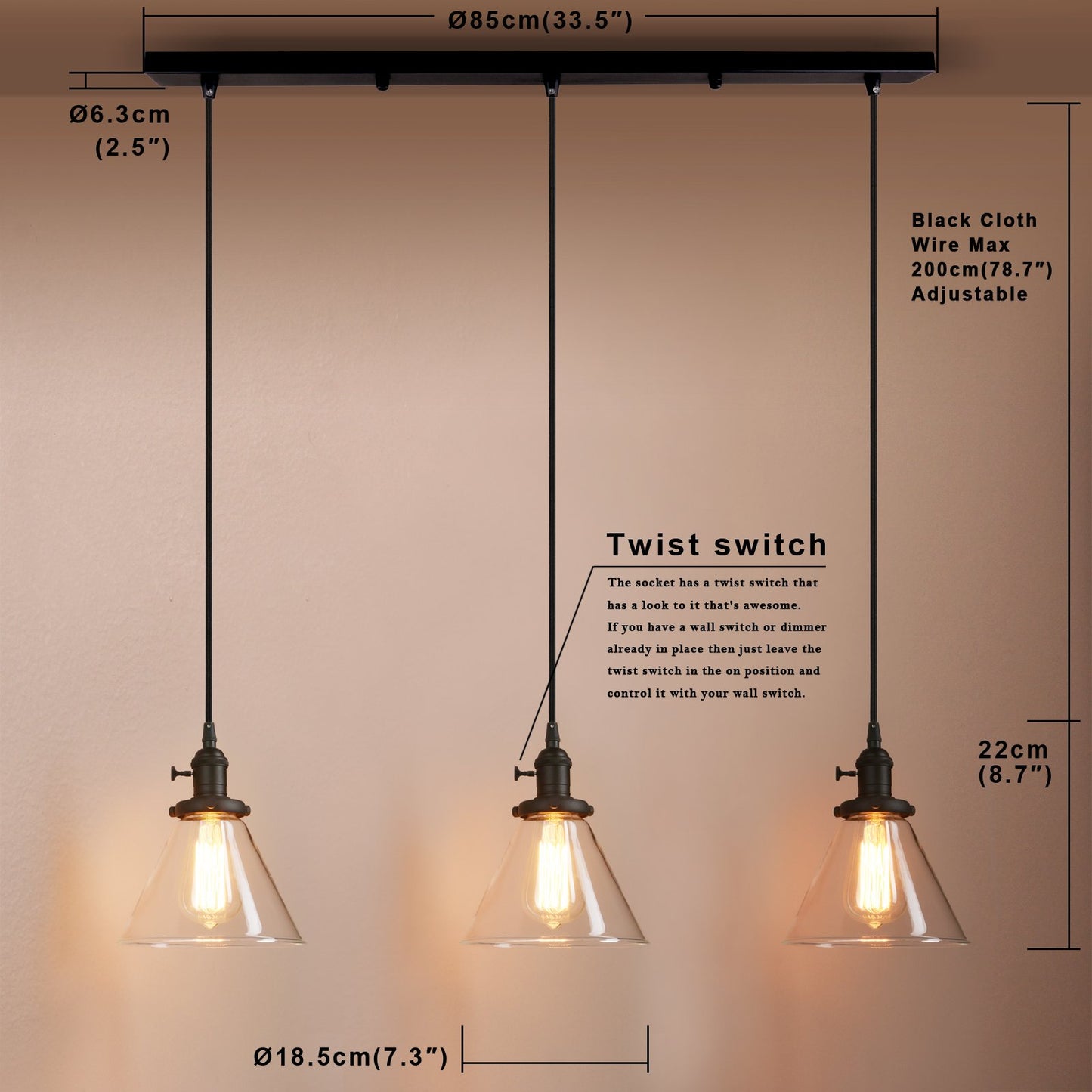 Industrial Vintage Loft Bar Chandelier Cone Three Lights Hanging Ceiling Pendant Light