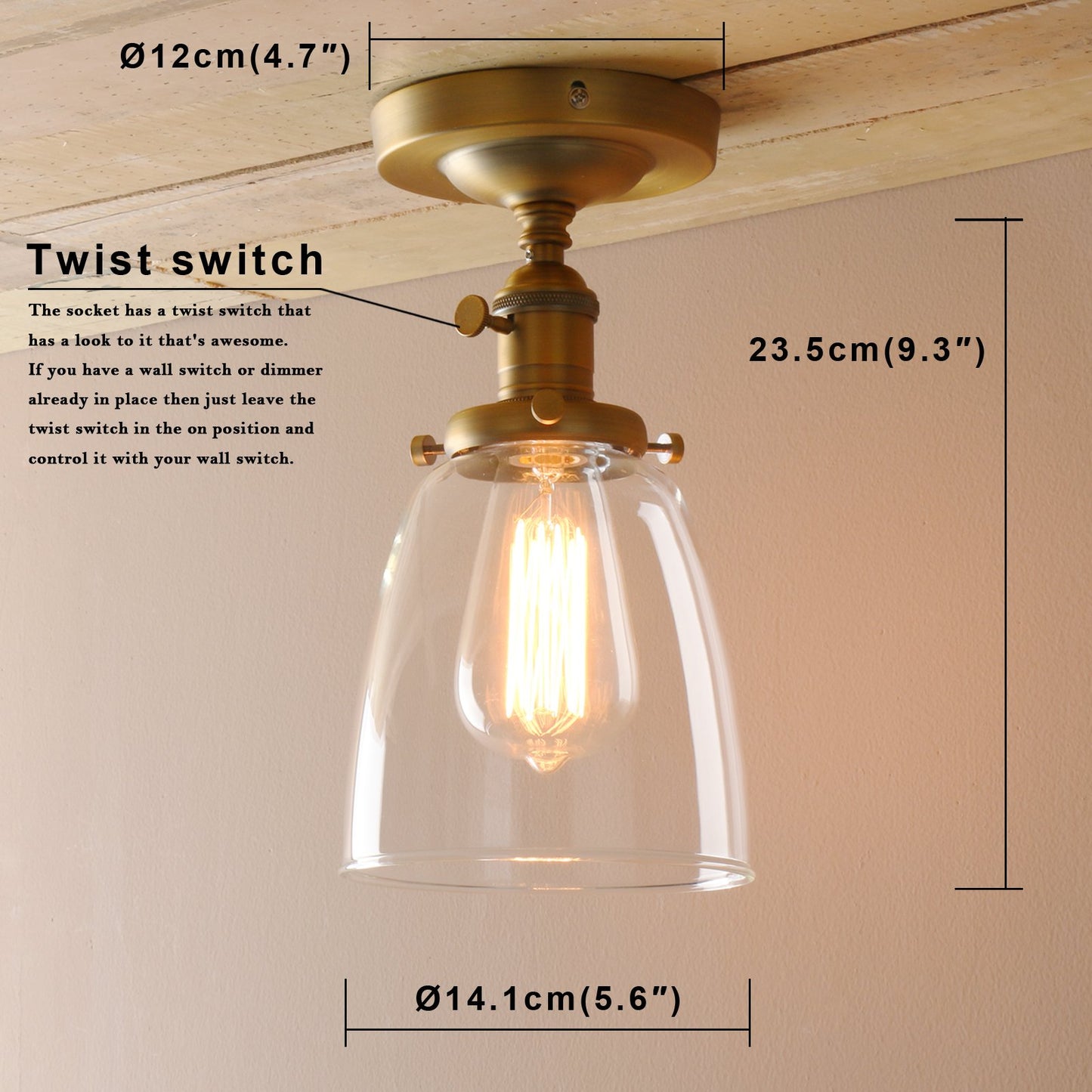 Industrial Vintage Edison Pendant Light Clear Glass Shade Flush Mount Fixture Chandelier