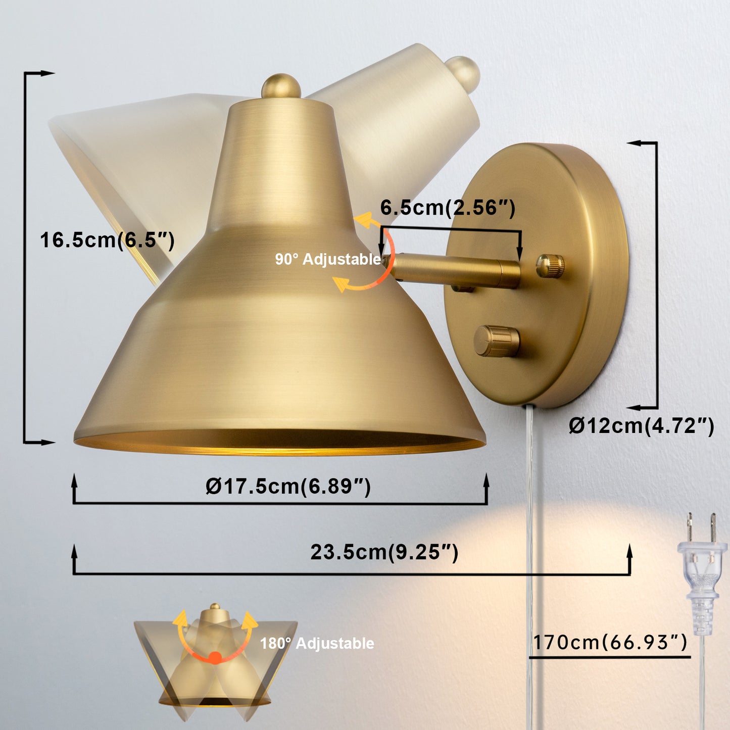 1-Light Plug in Indoor Wall Sconce,Dimming On Off Switch Hardwired with 6.89" Bowl Metal Shade