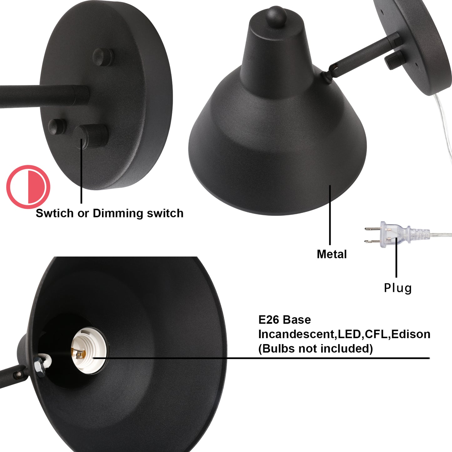 1-Light Plug in Indoor Wall Sconce,Dimming On Off Switch Hardwired with 6.89" Bowl Metal Shade