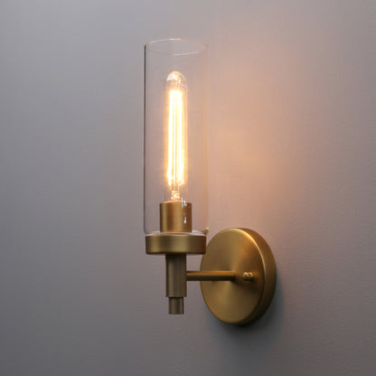 Rustic Industrial Wall Sconce Light with Tubular Clear Glass Lampshade (Black)