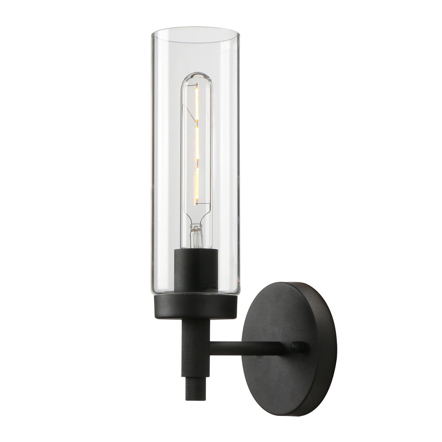 Rustic Industrial Wall Sconce Light with Tubular Clear Glass Lampshade (Black)