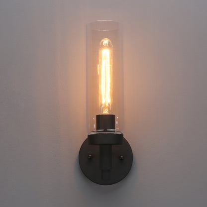 Rustic Industrial Wall Sconce Light with Tubular Clear Glass Lampshade (Black)