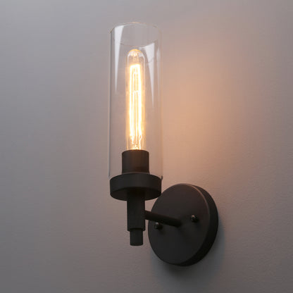 Rustic Industrial Wall Sconce Light with Tubular Clear Glass Lampshade (Black)