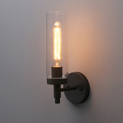 Rustic Industrial Wall Sconce Light with Tubular Clear Glass Lampshade (Black)