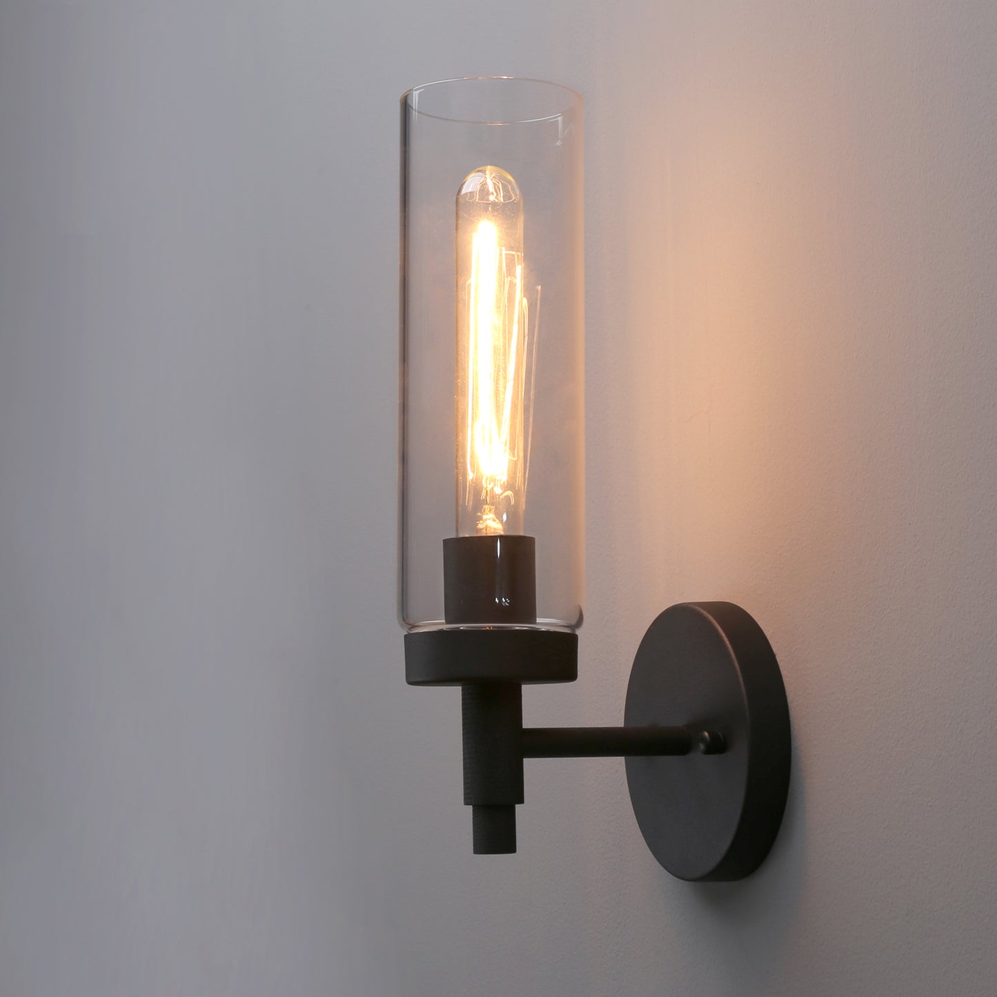 Rustic Industrial Wall Sconce Light with Tubular Clear Glass Lampshade (Black)