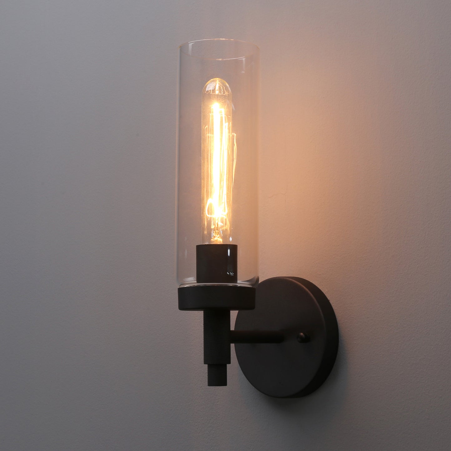 Rustic Industrial Wall Sconce Light with Tubular Clear Glass Lampshade (Black)