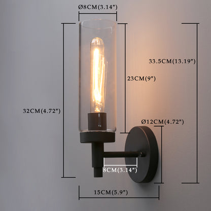 Rustic Industrial Wall Sconce Light with Tubular Clear Glass Lampshade (Black)